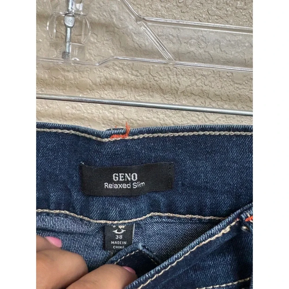 True Religion Geno Relaxed Slim Jeans Blue Denim Mens 38 Flap Pocket Red Stitch
